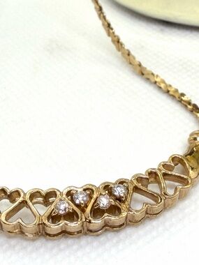 Vintage Gold Plated Heart Necklace & Bracelet Set  with Clear Rhinestones